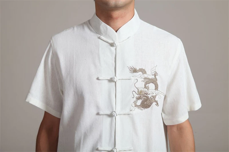Рубашка с вышивкой дракона для мужчин костюм коротким рукавом Тан