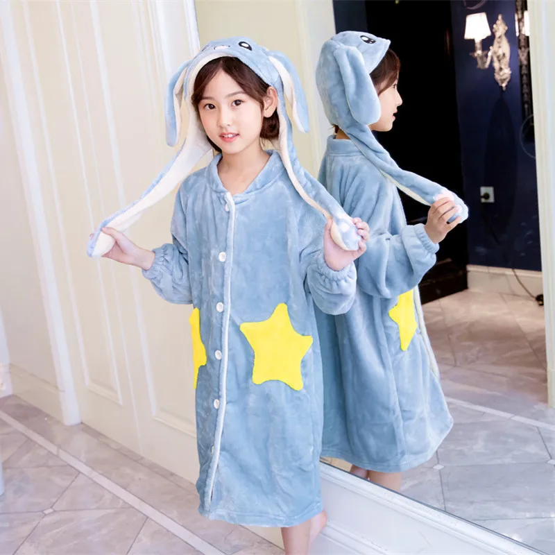 

Children's Flannel Nightgown Cute Cartoon Animal Bathrobe Thick Coral Fleece Pajamas Kids Five-star Bathrobe with Movable Ears