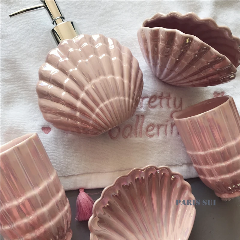 

Ceramic Shell shape Bathroom Accessory Set Washing Tools Bottle Mouthwash Cup Soap Toothbrush Holder Household Articles