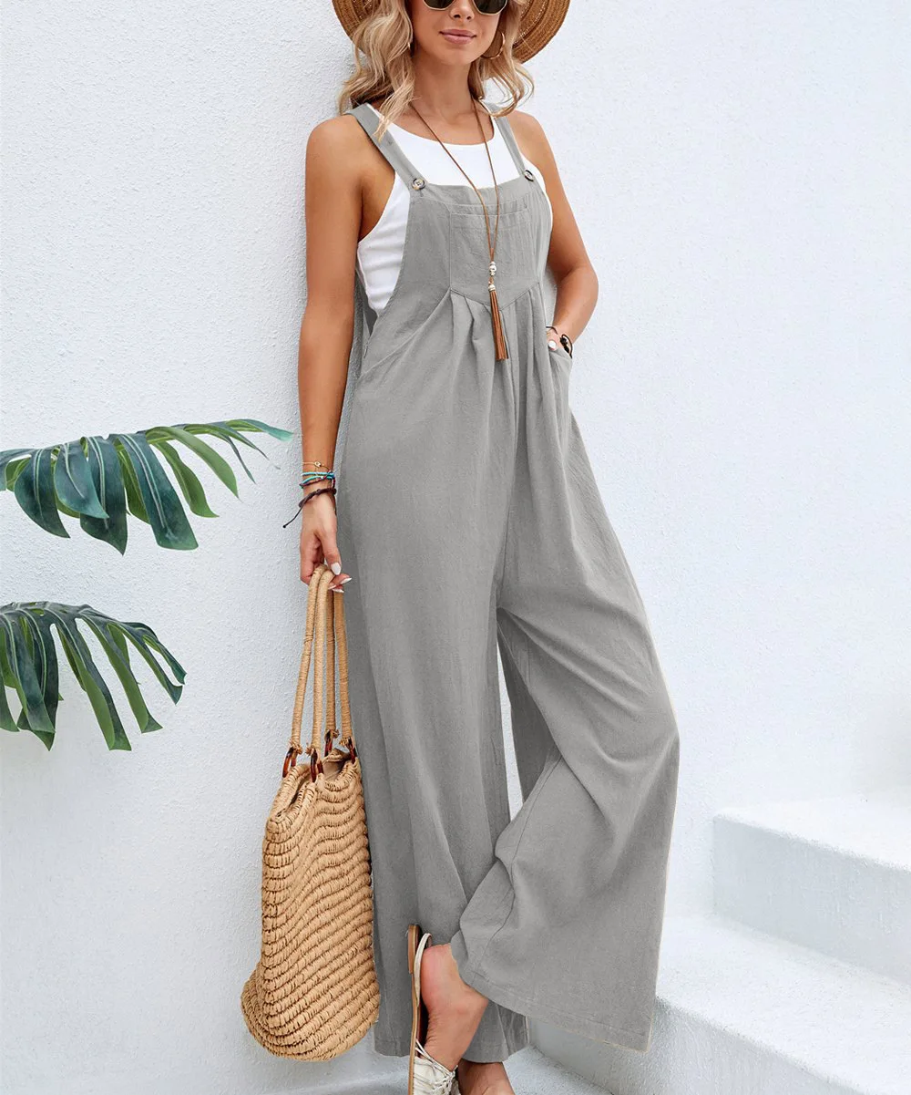 Women Casual Jumpsuits 2023 Summer Vintage Wide Leg Long Pants Spaghetti Strap Solid Jumpsuit Pocket Loose Playsuits Overalls