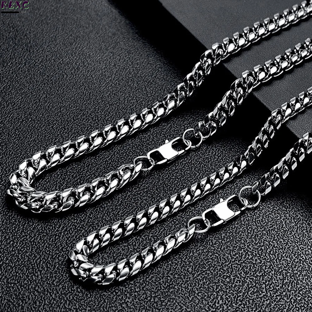 

Rbxc Stainless Steel Cuban Chain Necklace Fashion Sweater Chain Men's Square Button Titanium Steel Collar Jewelry