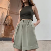 flanging with pockets zipper buttons solid color fashion casual womens shorts fashion street shooting 2021 womens trousers