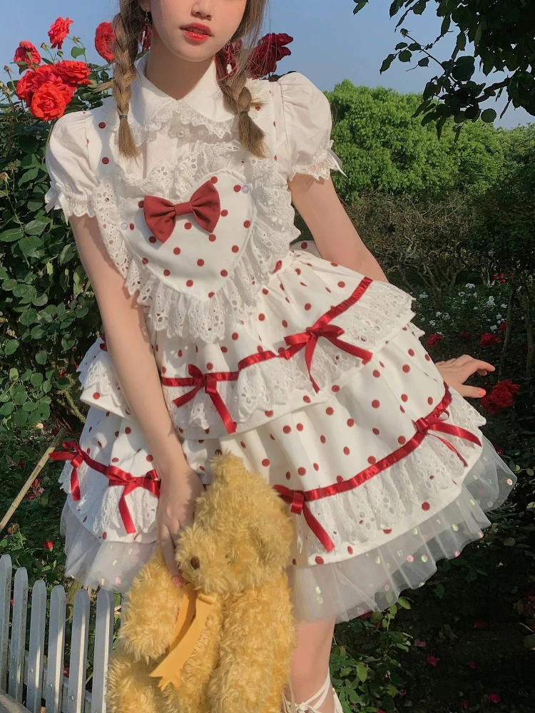 

Японское милое платье Jsk в стиле "Лолита", милое мини-платье в горошек, женское летнее элегантное платье принцессы на бретелях с пышными рукавами
