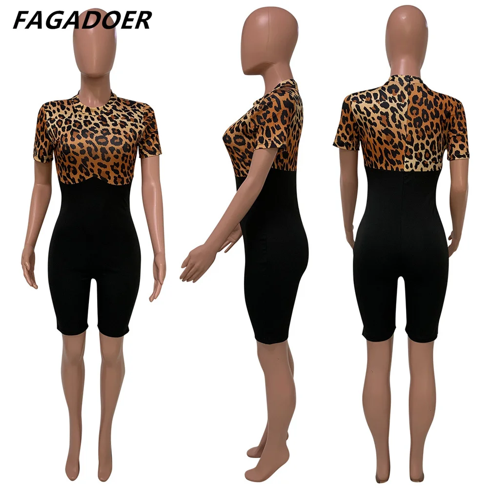 FAGADOER Leopard Summer Playsuit Women Short Sleeve Romper Patchwork Shirt Style Biker Short Playsuit Bodysuit Streetwear 2022