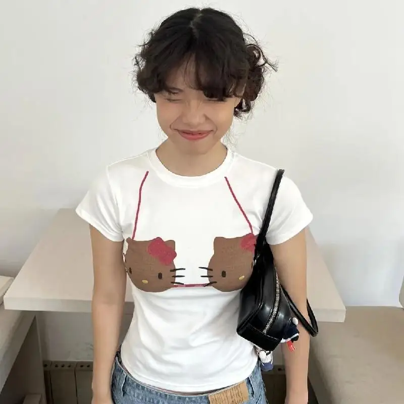Sanrio Hello Kitty с коротким рукавом спереди и плечами летняя хлопковая футболка