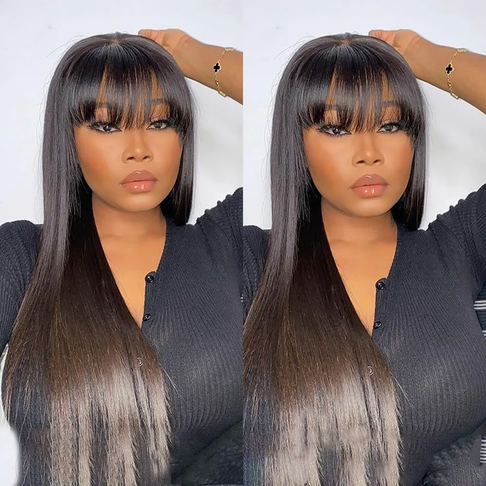 

Bone Straight Glueless Wig With Bangs 13*4 HD 250% High Density 30inches Transparent Lace Frontal Human Hair Wigs Ready to Wear
