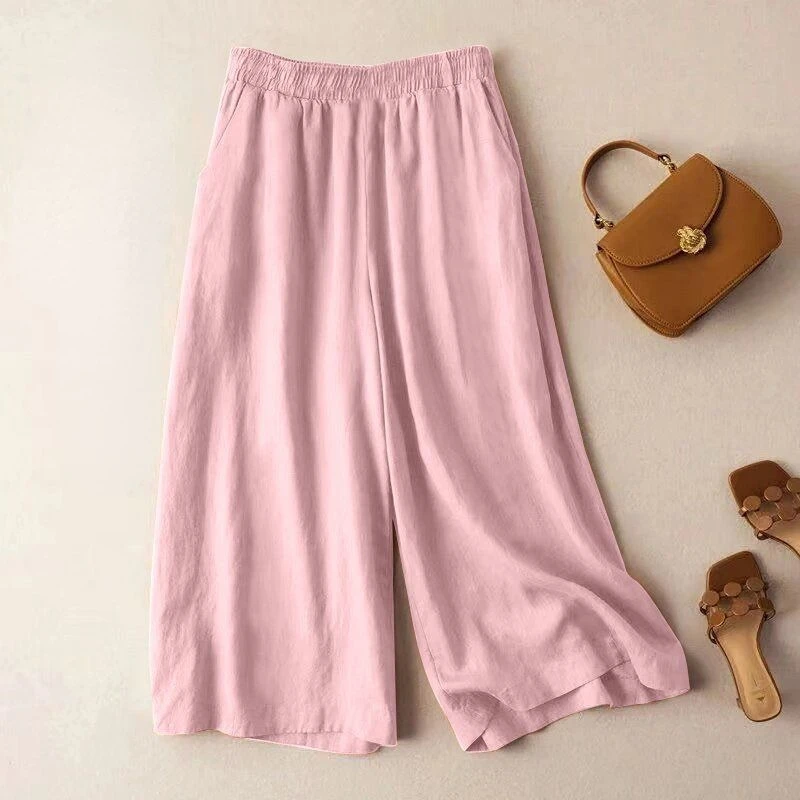

Women's High Waist Wide Leg Pants Elastic Waist Cropped Pants Casual Loose Drape Trousers Cotton and Linen Summer Trousers Z57