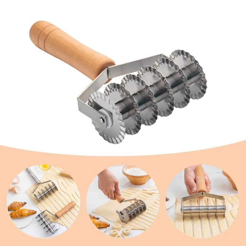 

Stainless Steel Pastry Lattice Cutter Dough Cookie Pie Pizza Bread Pastry Roller Cutter with Wood Handle Pasta Tools DIY Gadgets