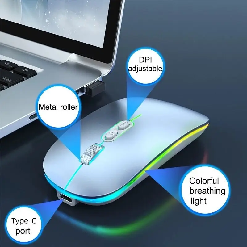Dual Mode Bluetooth Wireless Mouse with One-Click Desktop Function Type-C Rechargeable Silent Backlit Mice for Laptop PC New |