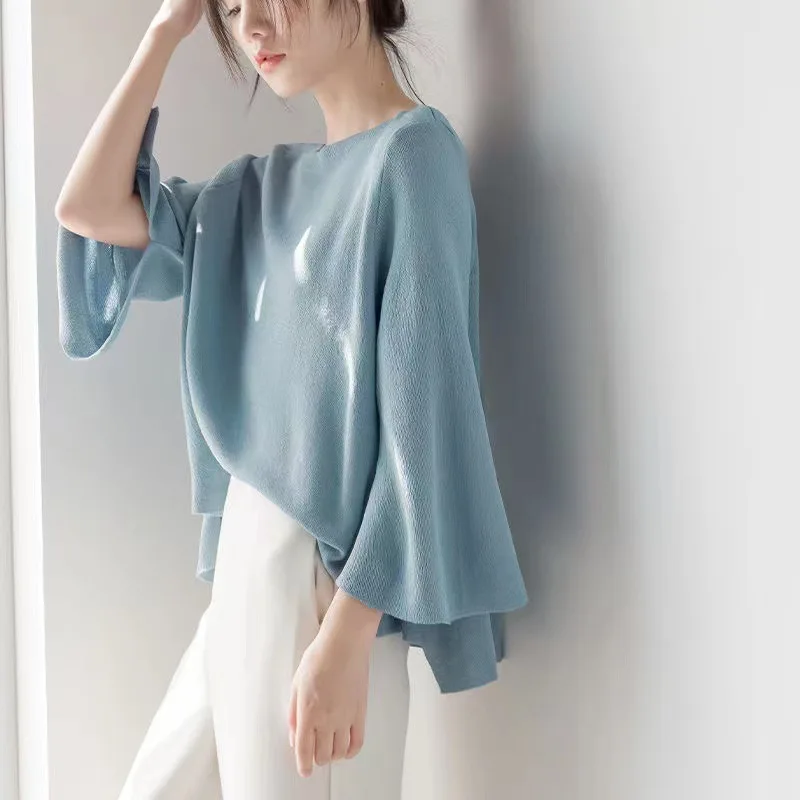 

2022 Korean Ice Silk Sweater Loose Thin Spring Summer Three-quarter Sleeve One Shoulder Top Aesthetic Sweater