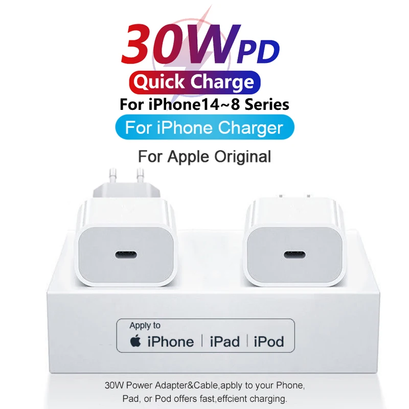 

For Apple Original PD 30W USB Type C Charger For iPhone 13 14 12 11 Pro Max Mini X XS XR 8Plus AirPods iPad Xiaomi Fast Charging