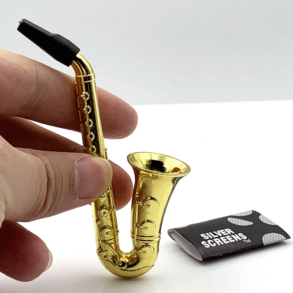 

Creative Tobacco Pipe Mini Saxophone Portable Metal Hookah Sliver Screen Accessories Herb Pipes for Smoking