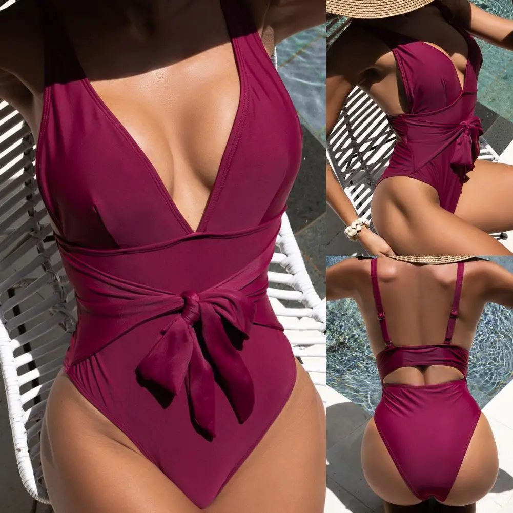 

Women Monokini Solid Color Bodycon Hollow Out Comfortable Summer Swimwear for Beach