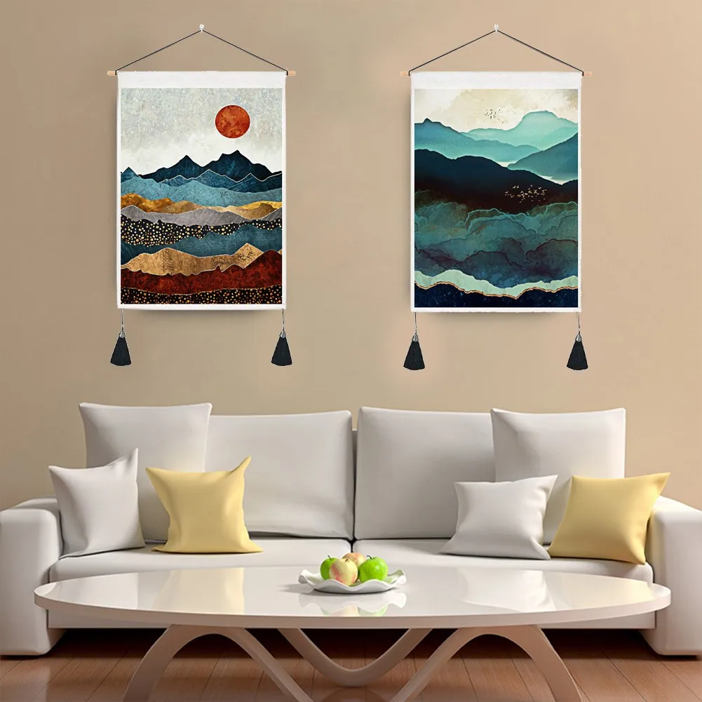 

ORTIGIA Mountain Tapestry Set for Adults and Children Creative Design Misty Forest Wall Hanging Decor Tassels 2 Pack