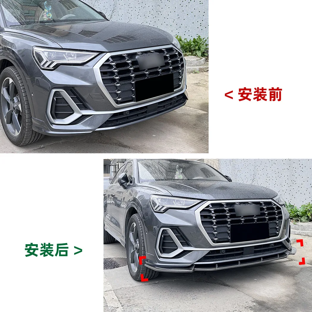 Фото Накладка-сплиттер на передний бампер для Audi Q3 F3 S-Line 2019+ из углеродного волокна, цвет черный глянец, с диффузором, комплект для тюнинга, внешние аксессуары №4