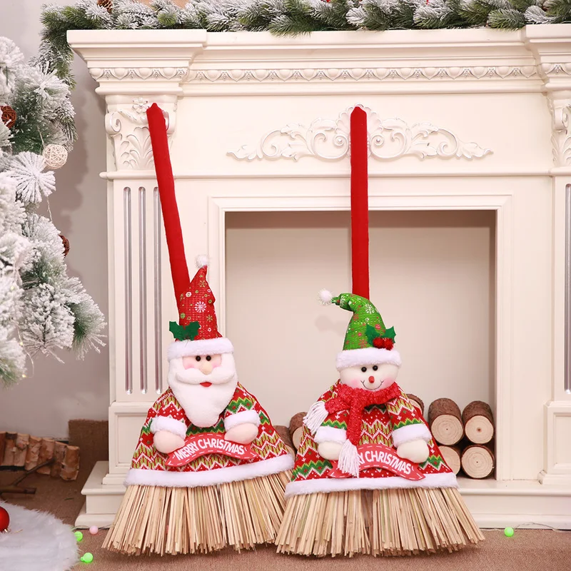 

2021 Christmas Festival Broom Set Santa Claus Snowman Doll Broom Cover Decoration for Home Xmas New Year Supplies