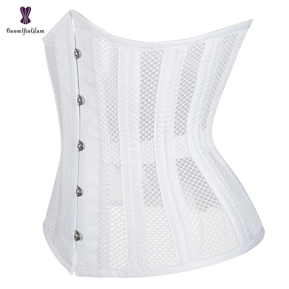 Transparent Hollow Net Underbust Corset Waist Cincher Bustier Black White Outwear Steel Boned Lingerie