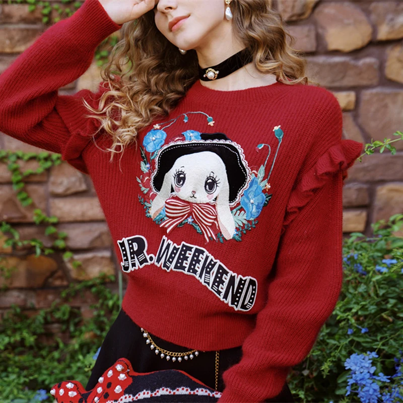 

High Street Vintage Ruffle Cartoon Rabbit Embroidery Sweaters Women Girls Loose Casual Winter Tops Kawaii Clothes Korean Style