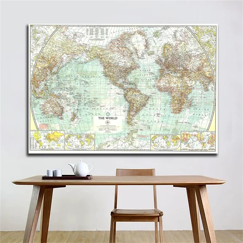 

84*59cm Map of The World Unframed Print Wall Decorative Poster Non-woven Canvas Painting School Classroom Supplies Home Decor