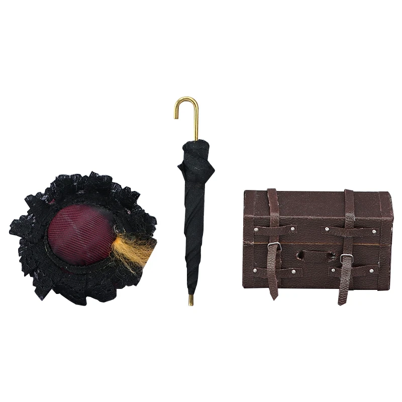 

Масштаб 1/12, миниатюрный чемодан для кукольного домика, зонт, шляпа, аксессуары для украшения сцена жизни, детский ролевой Игровой декор для ...