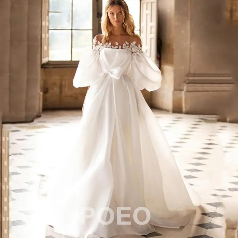 

POEO Classic MM013 Wedding Dress Charming Short Sleeves O-Neck Floor-Length Simple Appliques Trumpet Vestidos De Gala Banquet