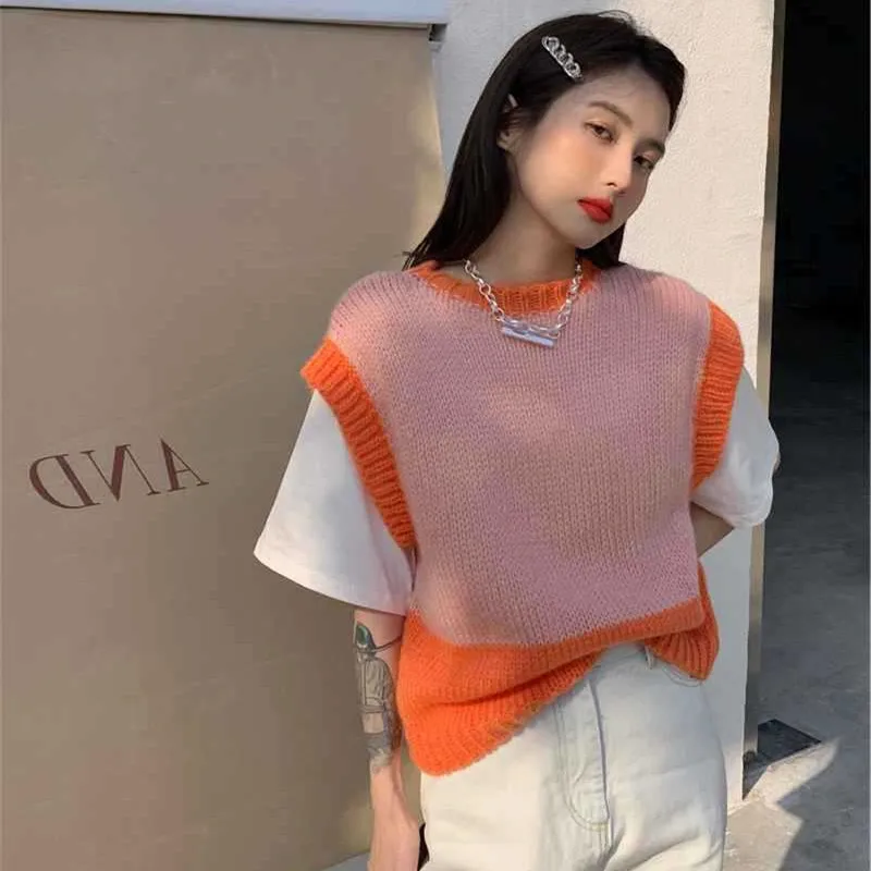 

2022 spring and autumn new women's clothing contrast color stitching knitted vest outer wear sleeveless casual sweater vest