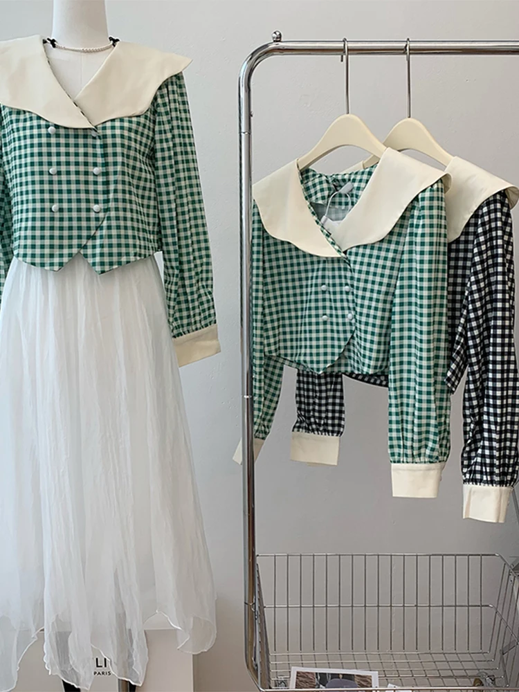 

Women Autumn Winter Peter Pan Collar Vintage Plaid Tops Irregular Clipping Design Clothes Long Sleeve Double Breasted Blouses