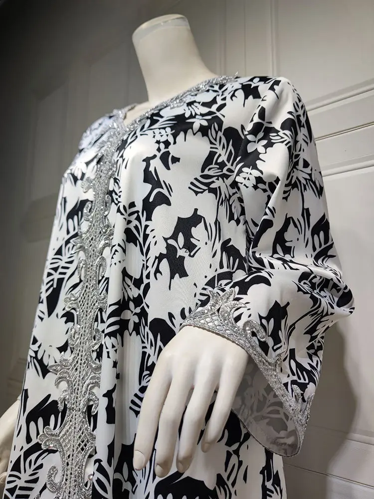Sequins Kaftan Ethnic Long Dress Women Floral Print Arab Muslim Dresses Moroccan Gandoura Casual Robe Gulf Jalabiya Dubai Abayas