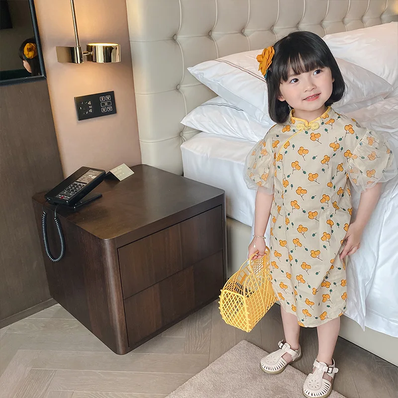 

Girls Dress 2022 Summer Antique Girl Baby Puff Sleeve Floral Cartoon