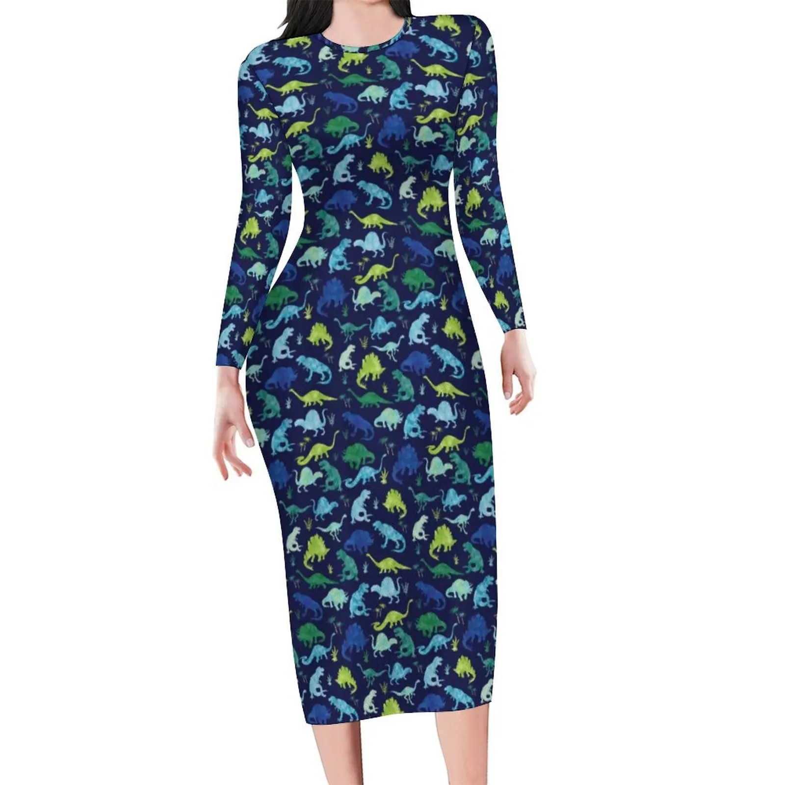 

Watercolor Dinosaur Bodycon Dress Ladies Green Animal Vintage Dresses Holiday Long Sleeve Street Style Graphic Dress Large Size