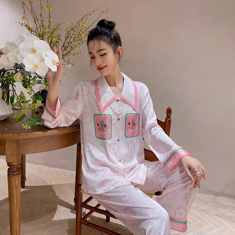 Ice Silk Pajamas Women's Suit 2023 Spring and Autumn Long-Sleeved Trousers Cardigan Printed Large Lapel Can Be Outerwear Homewea
