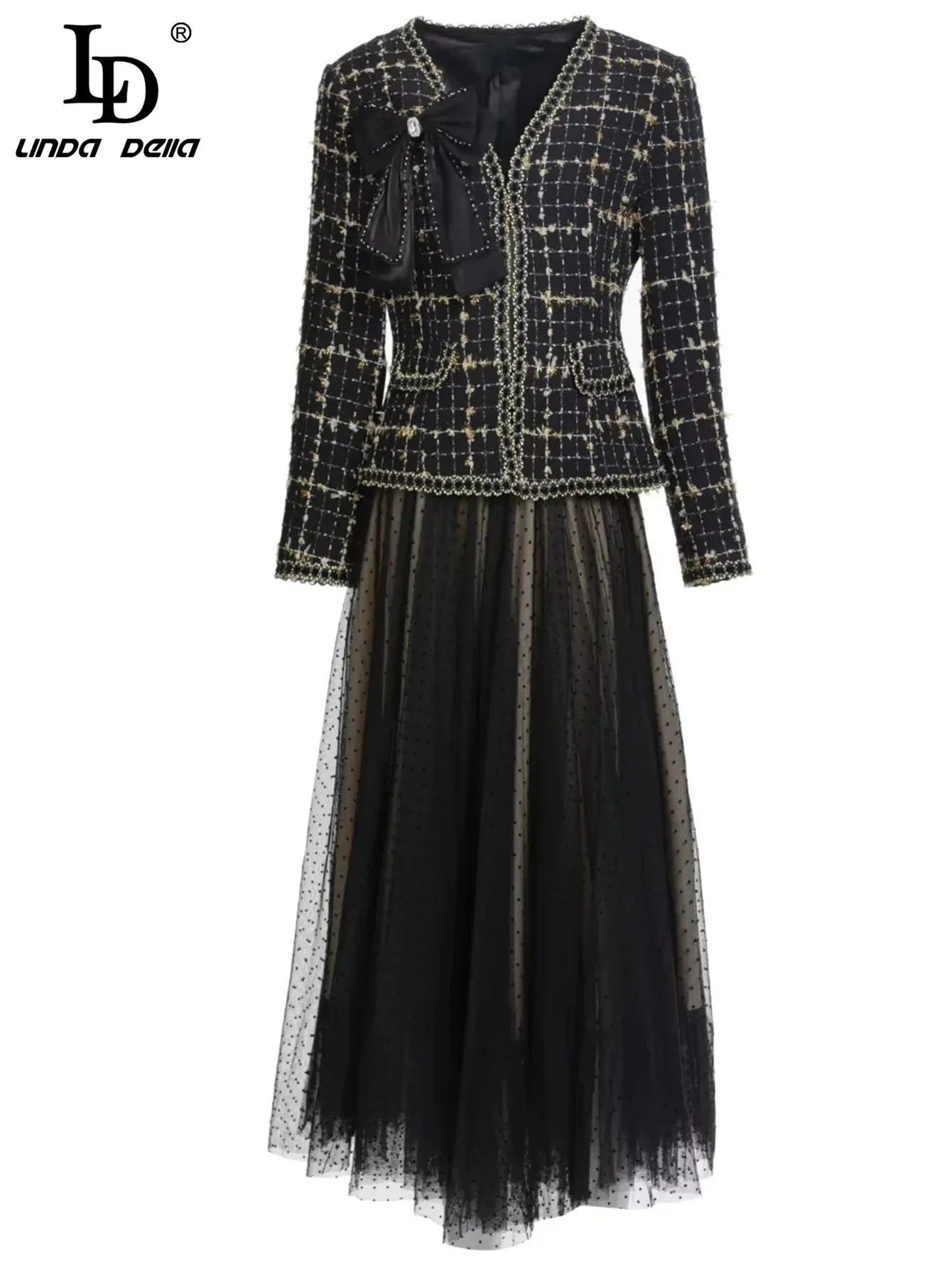 

LD LINDA DELLA Autumn Winter Fashion Runway Black Skirt Suit Women Tweed Long sleeve Coat + polka dot Mesh Skirts 2 Pieces Set