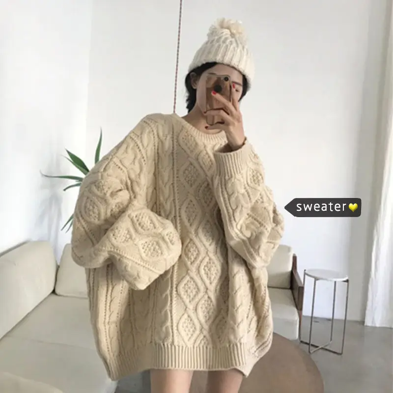 

Oversized Women Sweater Winter Solid Pullovers Korean Knitwears O-neck Ladies Jumpers Knit Top Vintage Pull Femme Clothes 2023