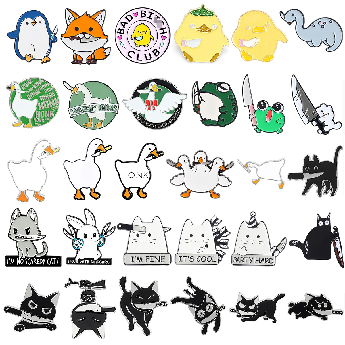 

Cat Pin Animal Knife Pin Duck Fox Frog Rabbit Penguin Big White Goose Clothing Backpack Alloy Brooch Enamel Lapel Pins Wholesale