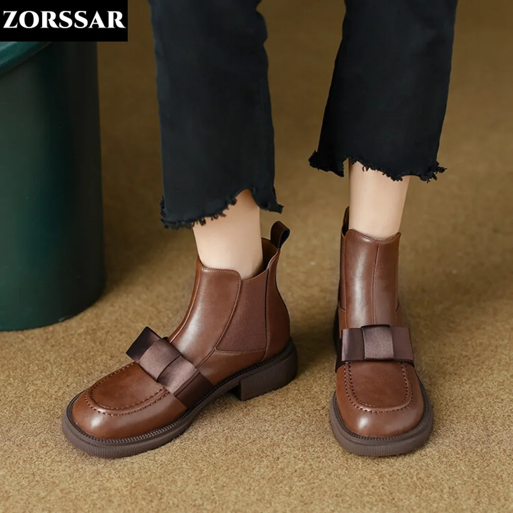 

British Style Genuine Leather Boots Women Flat Ankle Boots Round Toe Zip Bowtie Casual Classic Retro Short Boot Women Warm Shoes
