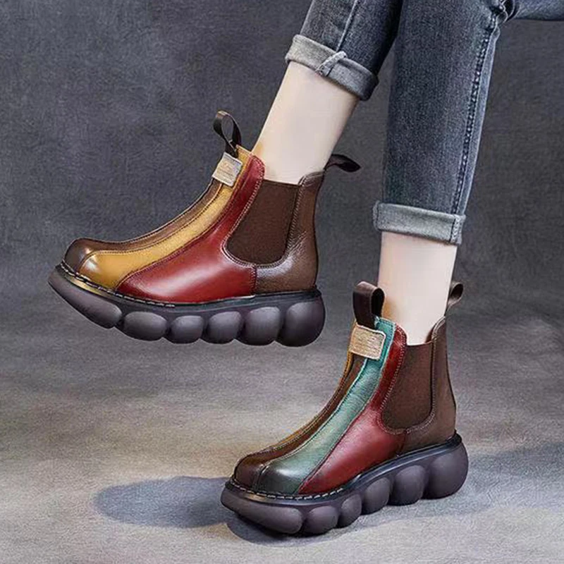 

Rimocy Mixed Color Chelsea Boots for Women Vintage Platform Ankle Boots Female Autumn Winter Thick Sole PU Leather Shoes Woman