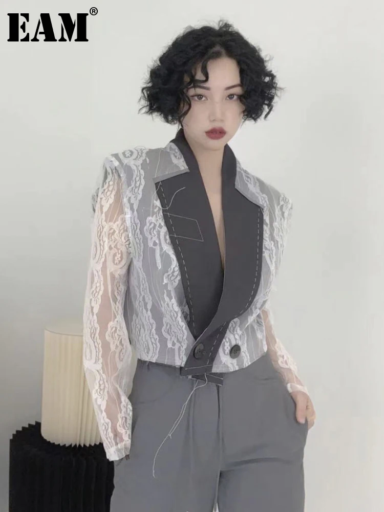 

[EAM] Women Gray Lace Short Big Size Blazer New Lapel Long Sleeve Loose Fit Jacket Fashion Tide Spring Autumn 2022 1DE8371