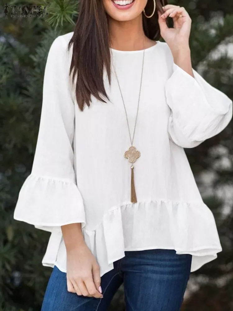 

Summer Women Blouse Elegant 3/4 Sleeve Solid Ruffles Shirt Fashion O Neck Casual Loose Blusas Work Holiday Cotton Tops