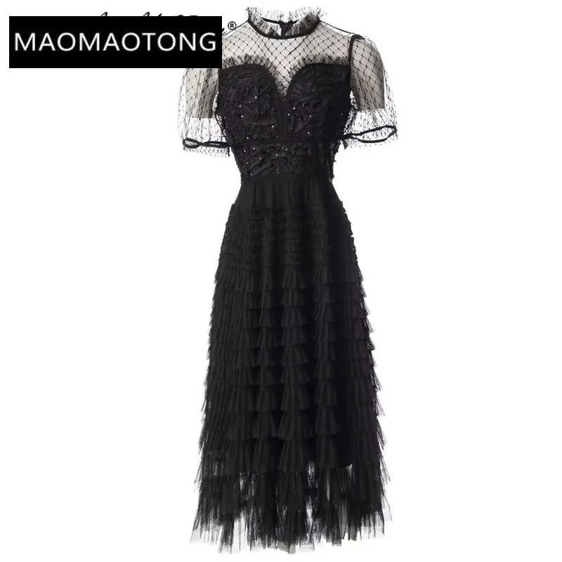 

Женское Сетчатое платье с круглым вырезом, однотонное дизайнерское винтажное платье с рукавами-фонариками и каскадными оборками, лето