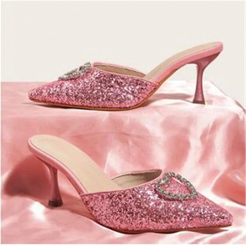 

2023 New Shallow Mouth High-heeled Women's Shoes Love Rhinestone Shining Thin Heel Slippers Pointed Women's Single Shoes