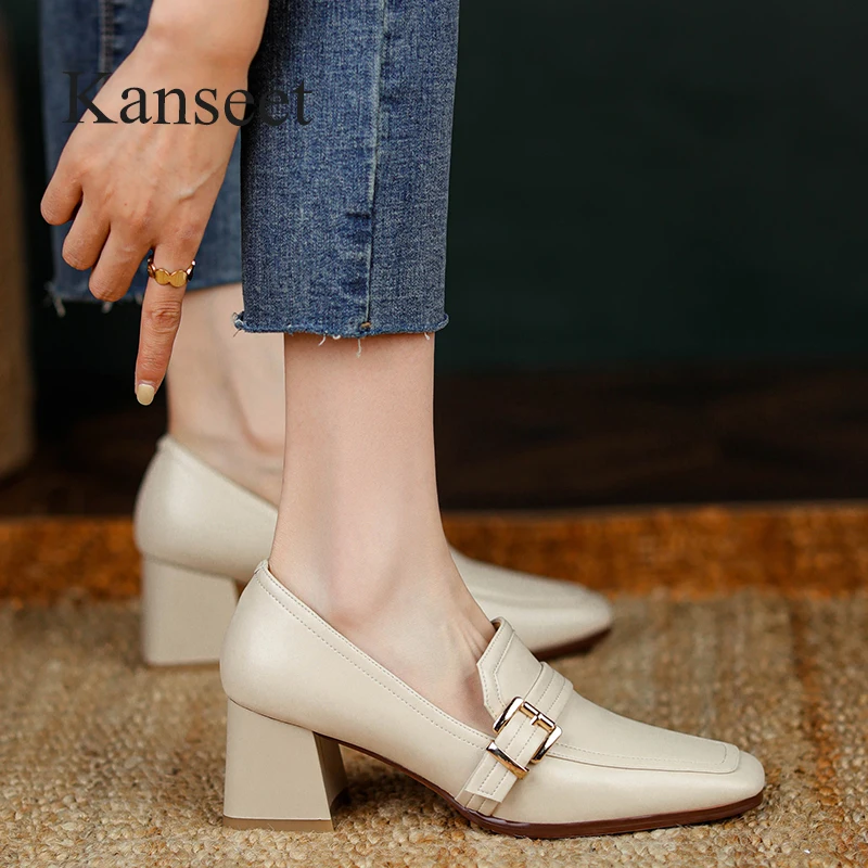 

Новинка 2022, женская обувь Kanseet, весенние туфли-лодочки из натуральной кожи с квадратным носком и пряжкой, офисные женские туфли на высоком ка...