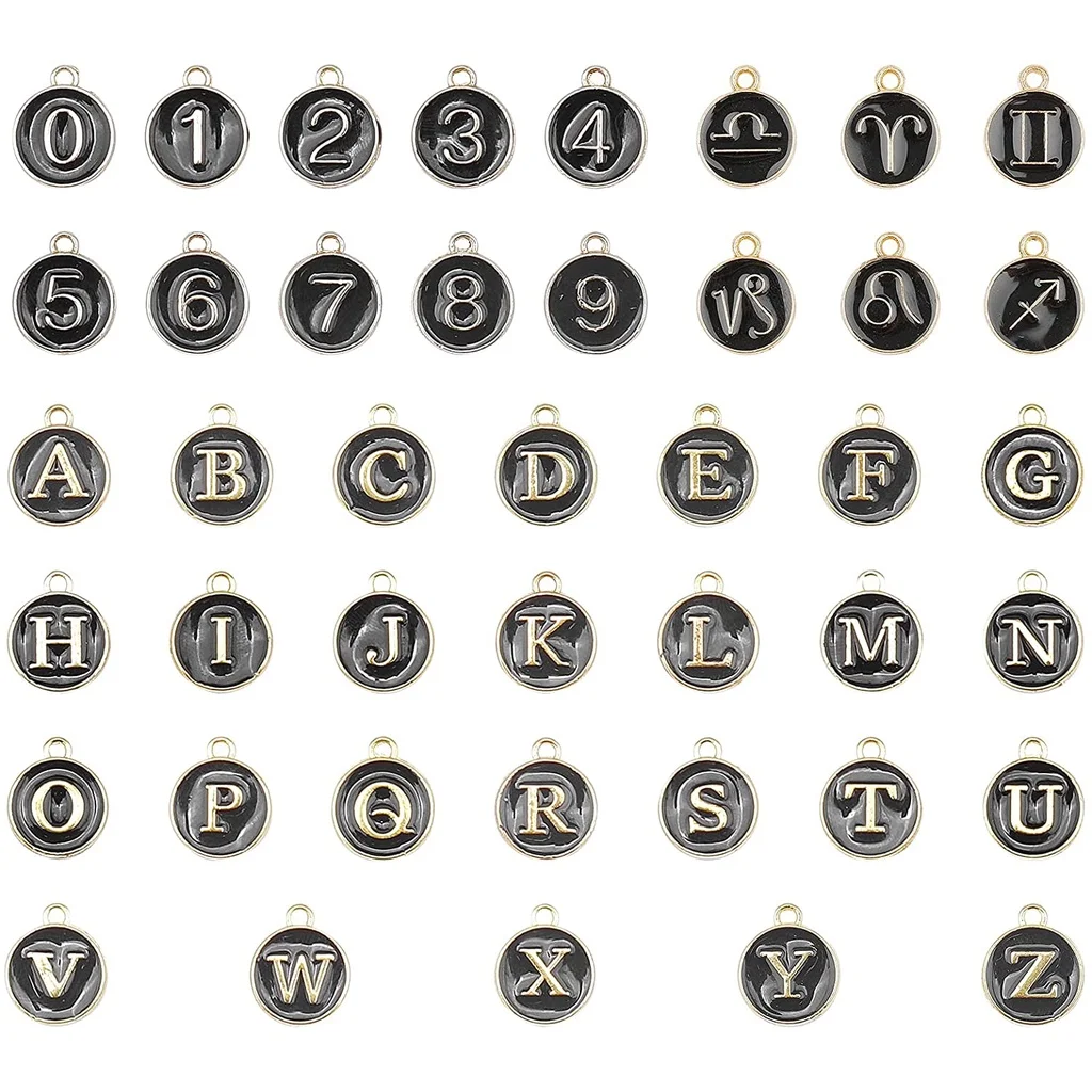 

1 Box 48Pcs 3 Styles Letter Zodiac Number Charms Gold Plated Alphabet Enamel Alloy Double Sided Charms Bulk for Jewelry Making