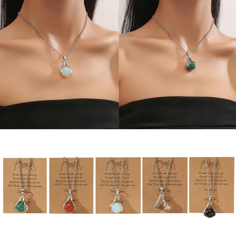 

Natural Stone Pendants Necklace Round Bead Healing Stone Charms Clavicle Chain Lucky Beads Necklace Adjustable Chain
