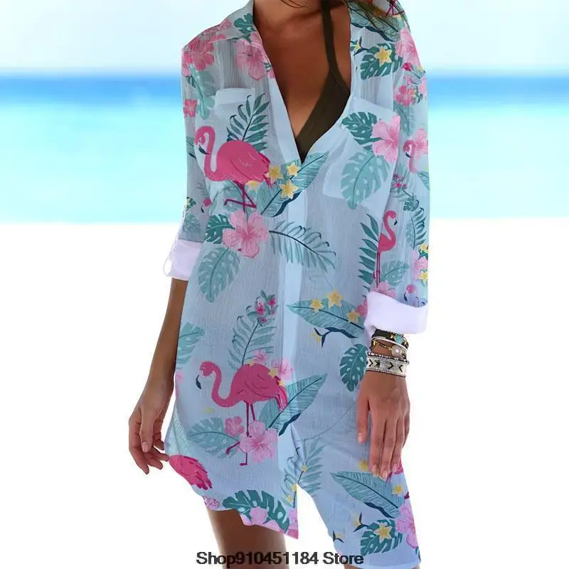 

Women Beach Style Long Sleeve Lapel Shirt Flamingo Print Button Clothes Sexy Fashion Tops Summer Cool Pretty Loose Clothing