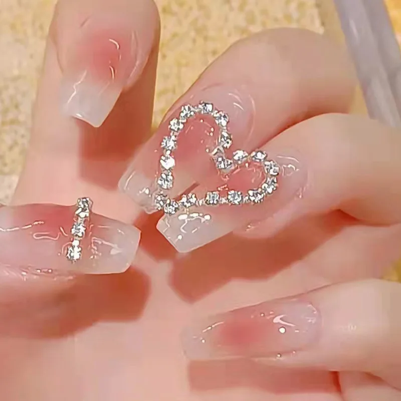 24Pcs/box Diy Fashion Wearable Manicure Fake Nails Patch Blush Diamond Love Diamond Chain Detachable 3D Nail Tips Stickers Gifts