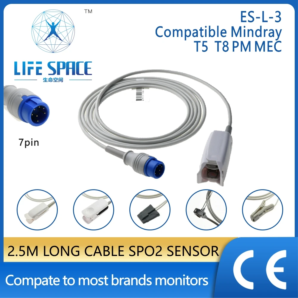 Cable de Sensor de oxígeno Spo2 reutilizable LA-03 para adultos, clip de oreja de dedo de silicona, modelo Y para MINDRAY T5,T8,IMEC10, monitor de 12 pacientes, 2,5 M