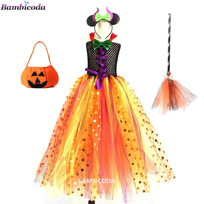 

Halloween Baby Girl Party Witch Dress Christmas Princess Dress Kids Cosplay Vampire Costume Bat Pumpkin Bag Hat Broom 2-12 Years