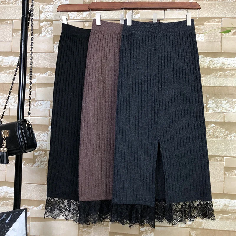 

Autumn Black Women knitted Long Skirt Sweater Stripe Female Casual Lace Knit Bag Hip High Waist Elastic Midi