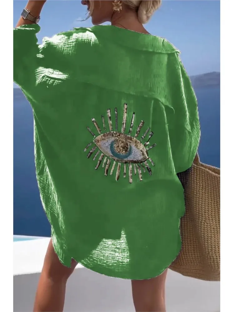 Летняя повседневная рубашка с блестками и длинными рукавами женская модная в