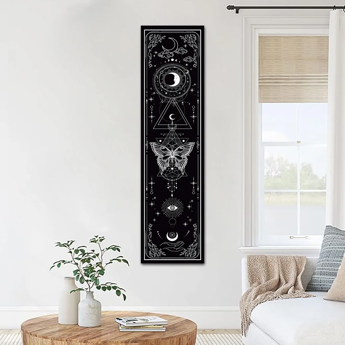 Солнце Луна и звездное небо настенный гобелен готический черный белый бабочка